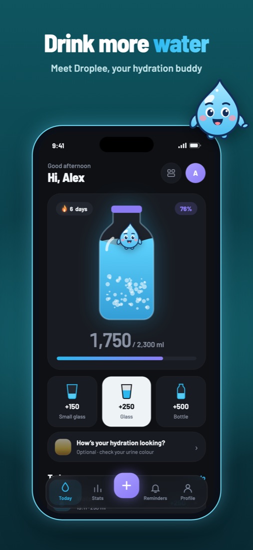 Today screen: a bottle filling up as you drink, with Droplee smiling