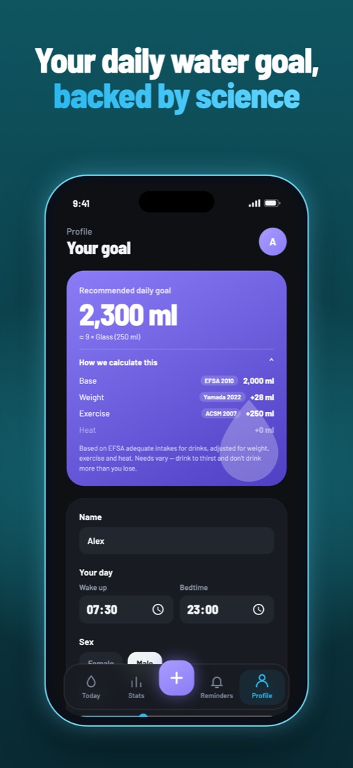Your goal screen showing how the daily goal is calculated, with sources