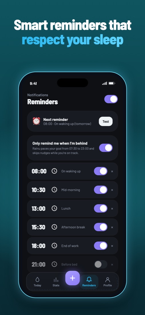 Reminders screen with smart reminders that stop before bedtime